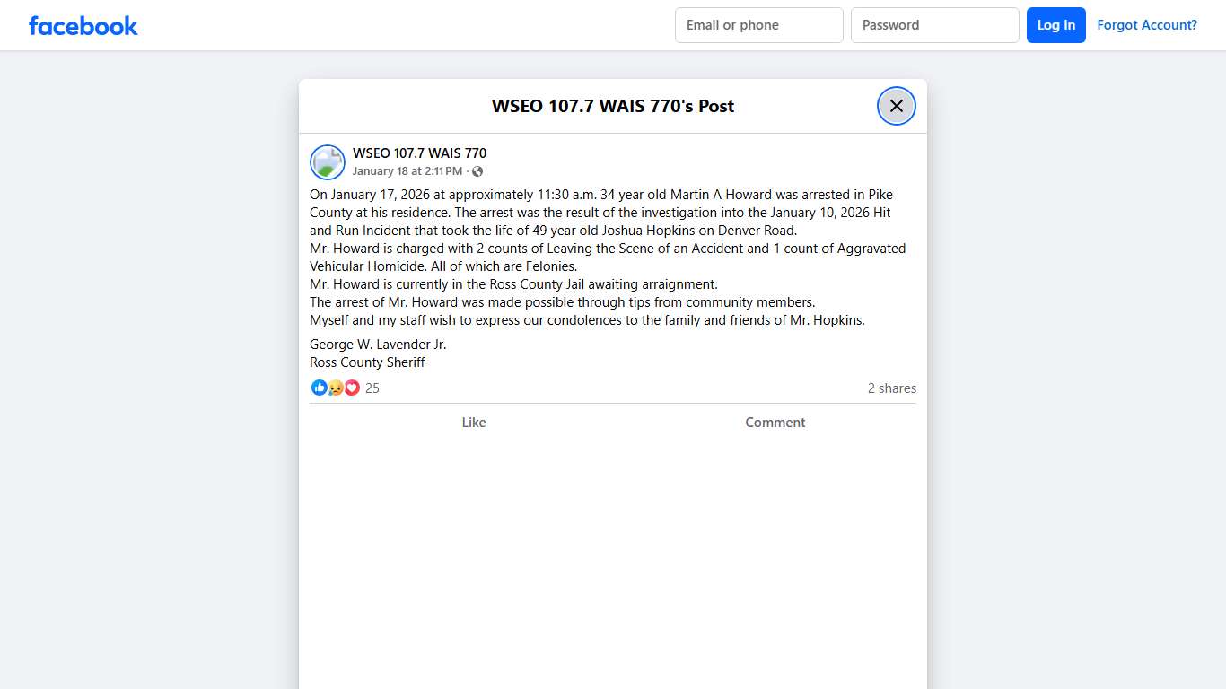 On January 17, 2026 at approximately... - WSEO 107.7 WAIS 770 Facebook